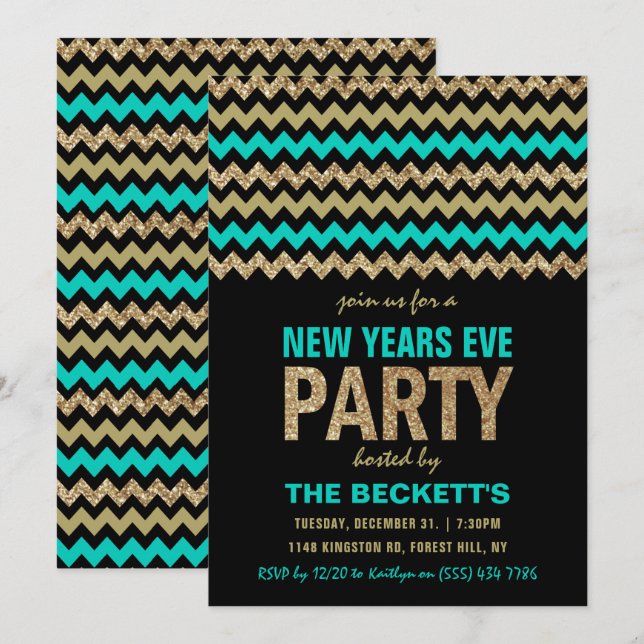 Türkis & Gold Glitzer Zickzack Neujahr Party Einladung (Vorne/Hinten)