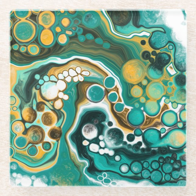Türkis, Gold, Marmor Fluid Art Glasuntersetzer (Vorderseite)
