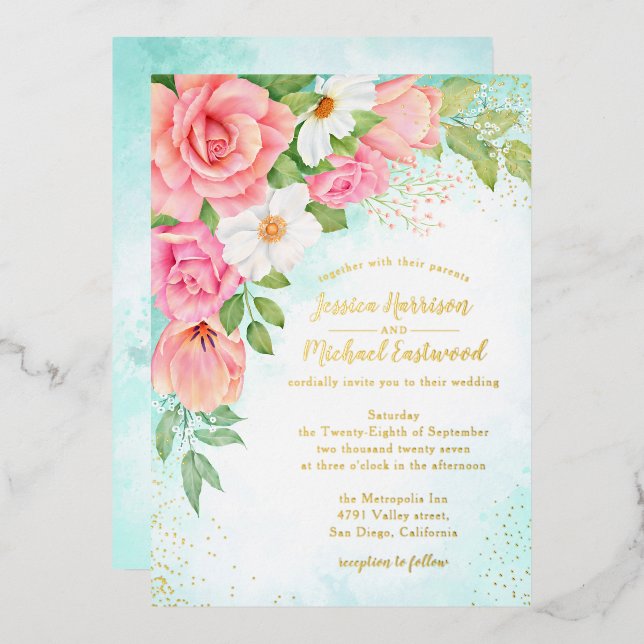 Türkis Gold Pink Rose Bouquet Blumenzehen Folieneinladung (Vorderseite/Rückseite)