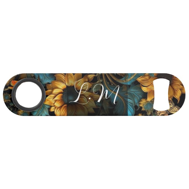Türkis, Gold, Sonnenblumen, Flaschenöffner (Vorderseite (Horizontal))