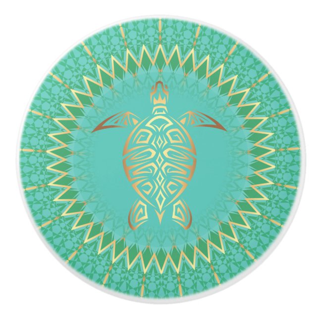 Türkis Gold Turtle Animal Mandala Nautic Keramikknauf (Vorderseite)