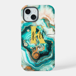 Türkis Golden Agate Custom Modern Monogram iPhone 15 Hülle