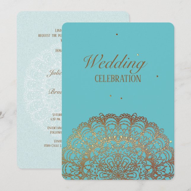 Türkis Golden Indian - Einladung zur Hochzeit (Vorne/Hinten)