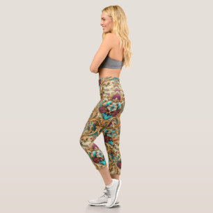 Türkis-goldener, aufwendiger Damast Capri Leggings