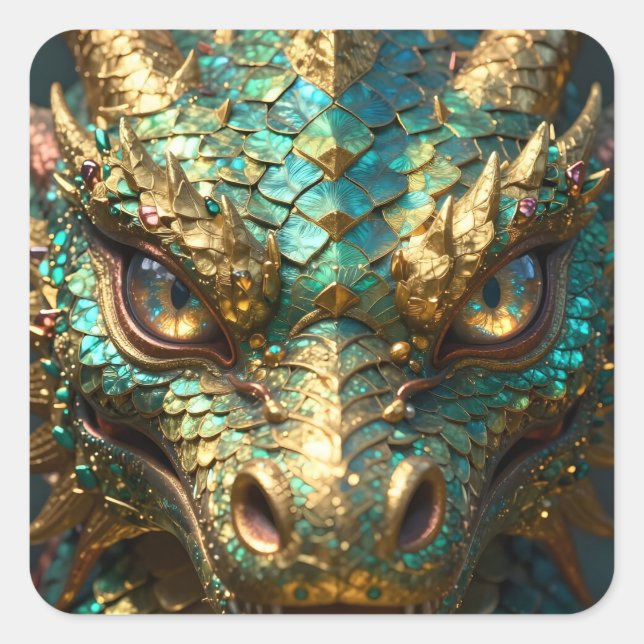 Türkis-goldener Drache  Quadratischer Aufkleber (Vorderseite)