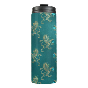 Türkis-goldenes heraldisches Löwen- und Aquamarin- Thermosbecher