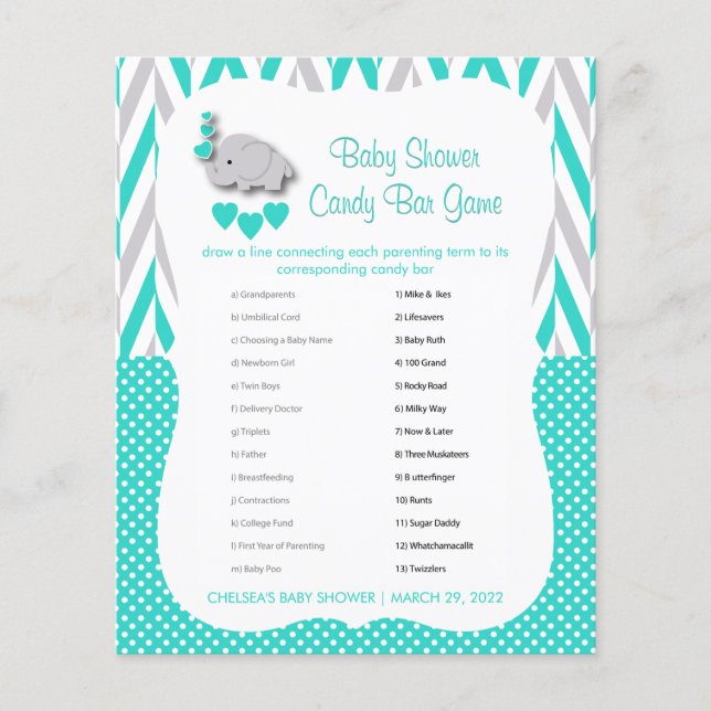 Türkis & Graue Elefant Babydusche - Süßes Bar Flyer (Vorne)