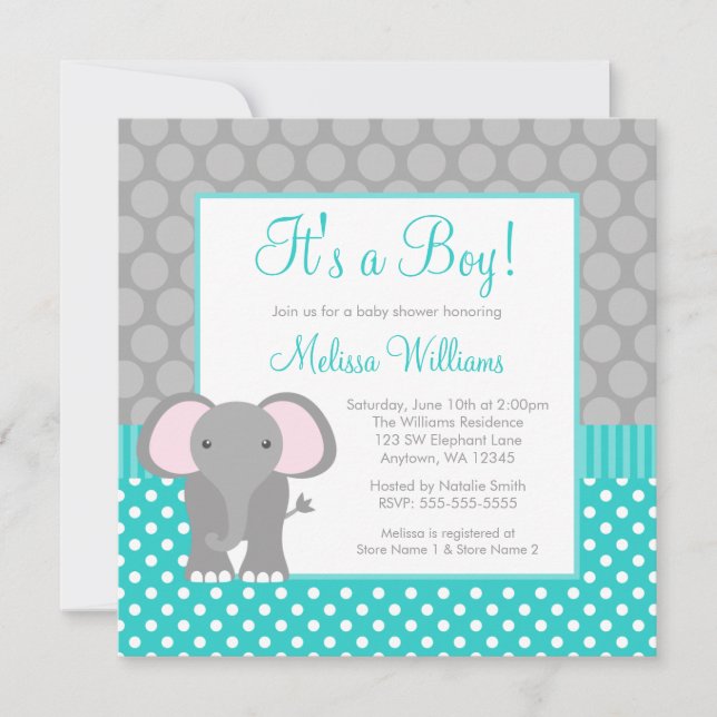 Türkis Gray Elephant Polka Dot Boy Baby Dusche Einladung (Vorderseite)