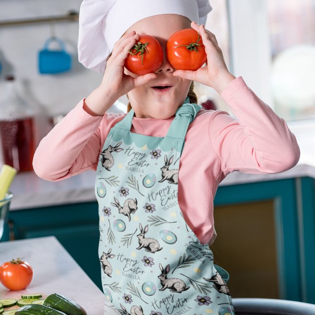 Türkis Happy Osterfest Sonne und Eier Schürze (Cute Turquoise Happy Easter Custom Name Apron Hand-Drawn Easter Bunny, Colorful Egg & Floral Pattern)