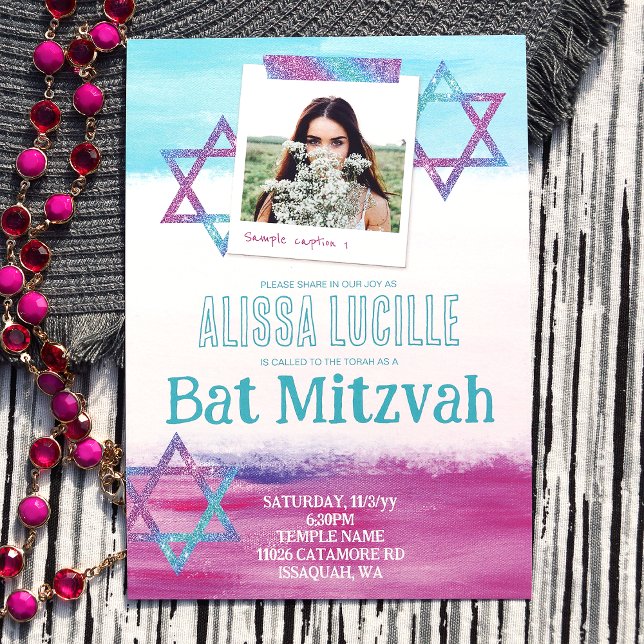 Türkis, heiß rosa Glitzer Bat Mitzvah Einladung (Abstract brush stroke, pink turquoise bat mitzvah invitations, star of david & photo)