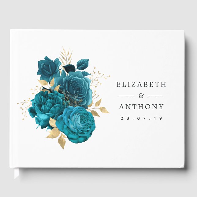 Türkis - Hochzeit mit Aquamarinen und goldenen Blu Gästebuch (Vorderseite)