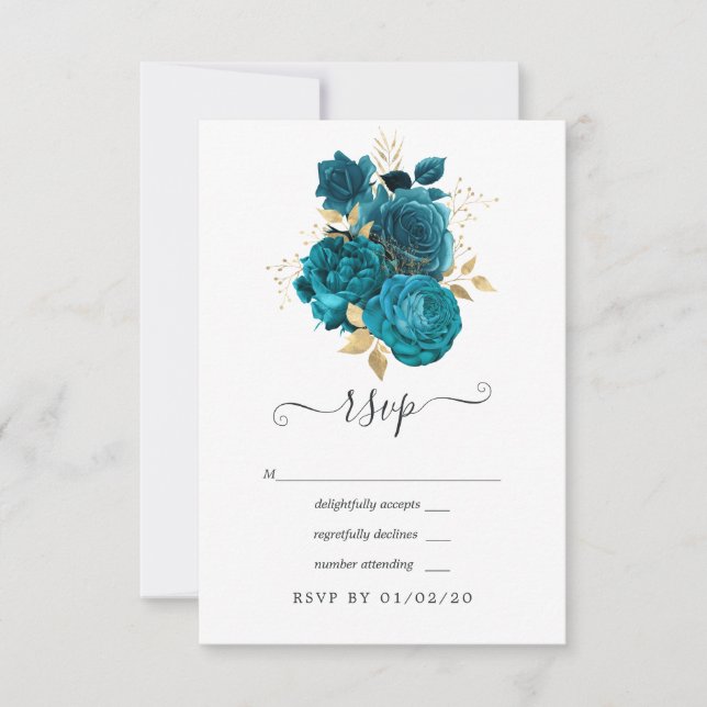 Türkis - Hochzeit mit Aquamarinen und goldenen Blu RSVP Karte (Vorderseite)