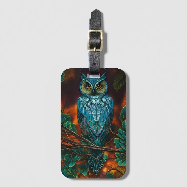 Türkis-Horned Owl Gepäckanhänger (Vorderseite Vertikal)