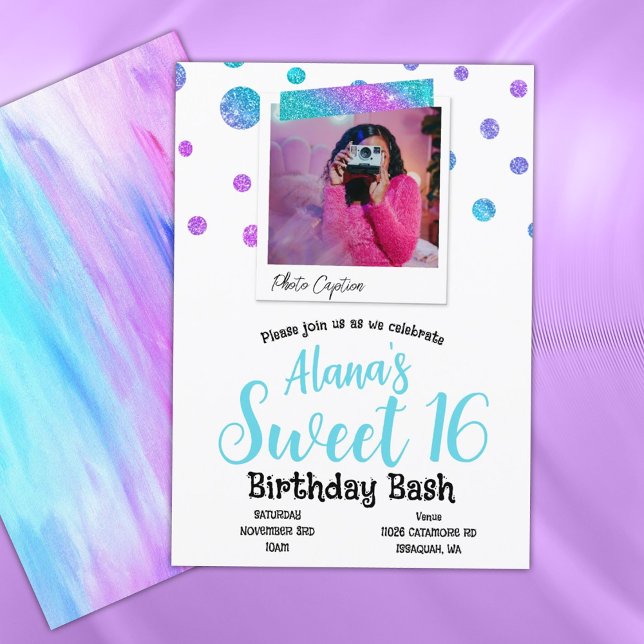 Türkis, Hot Pink Glitzer Polka Dots Sweet 16 Einladung (turquoise pink purple sweet 16 party invitations sweet sixteen 16th birthday party glitter polkadots)