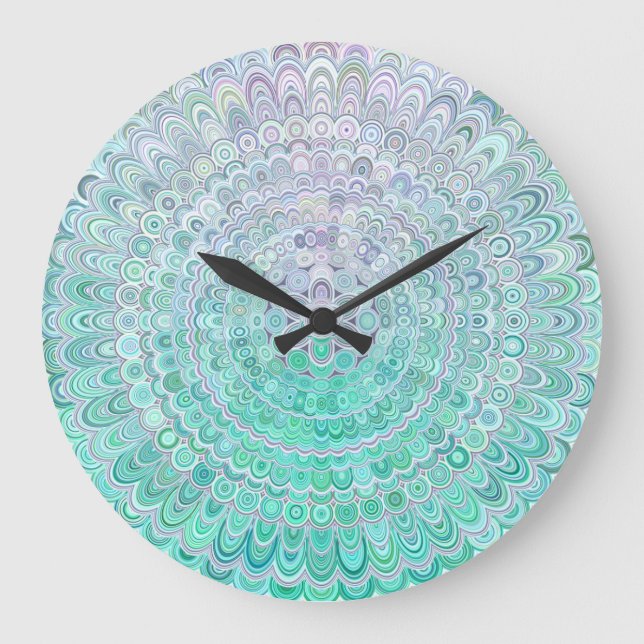 Türkis Ice Blume Mandala Große Wanduhr (Vorderseite)
