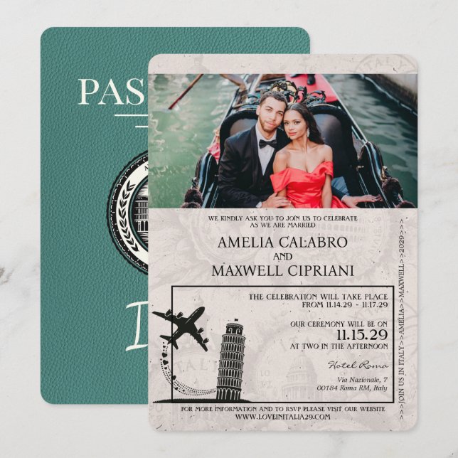 Türkis Italien Pass Einladung Hochzeit (Vorne/Hinten)