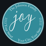 Türkis Josh Christmas Round-Retourenaufkleber Runder Aufkleber<br><div class="desc">Aquamarin Joy Holiday Round Rücksendeadresse Label Fügen Sie Ihrer Urlaubskorrespondenz eine festliche Touch mit diesen Rücksendeadressen-Aufklebern hinzu.</div>