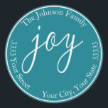 Türkis Josh Christmas Round-Retourenaufkleber Runder Aufkleber<br><div class="desc">Aquamarin Joy Holiday Round Rücksendeadresse Label Fügen Sie Ihrer Urlaubskorrespondenz eine festliche Touch mit diesen Rücksendeadressen-Aufklebern hinzu.</div>