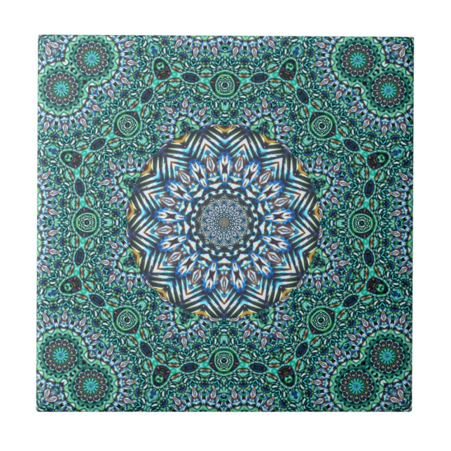 Türkis-kaleidoskopischer Mosaik-Reflexions-Entwurf Fliese (Vorderseite)