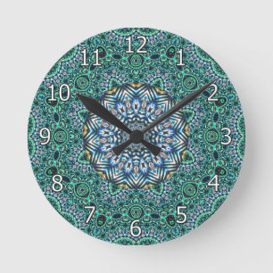 Türkis-kaleidoskopischer Mosaik-Reflexions-Entwurf Runde Wanduhr