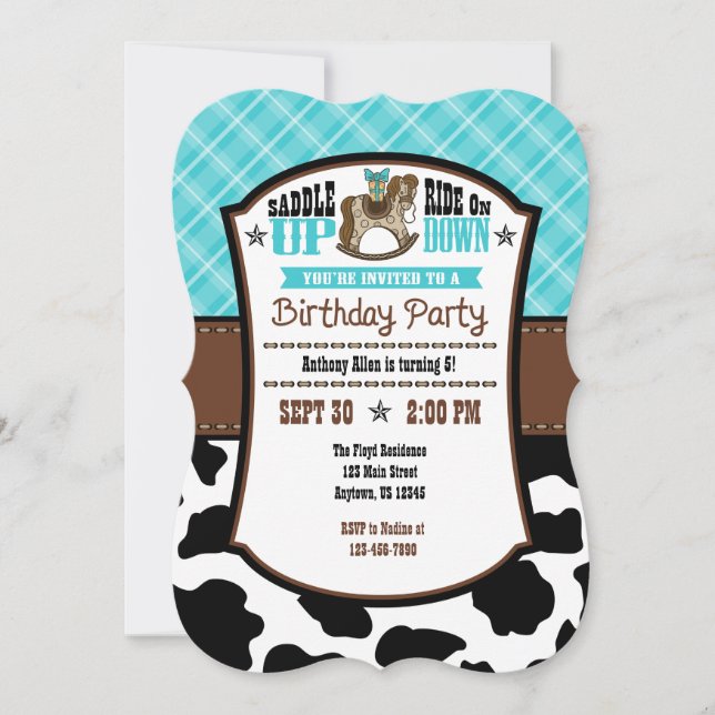 Türkis Kariert Cowhide Cowboy Birthday Einladung (Vorderseite)