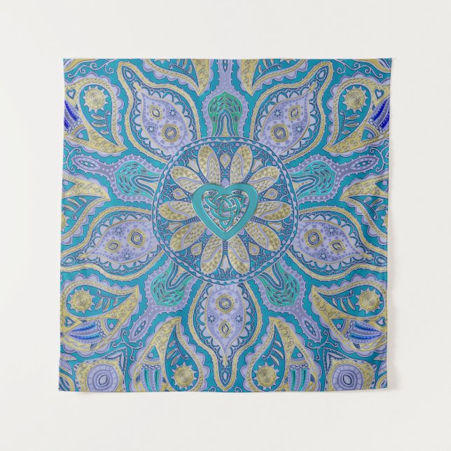 Türkis-keltische Herz-Mandala-Wand-Tapisserie Wandteppich (Vorderseite)