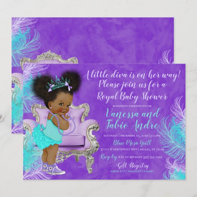 Türkis Lavender Watercolor Babydusche Einladung (Vorne/Hinten)