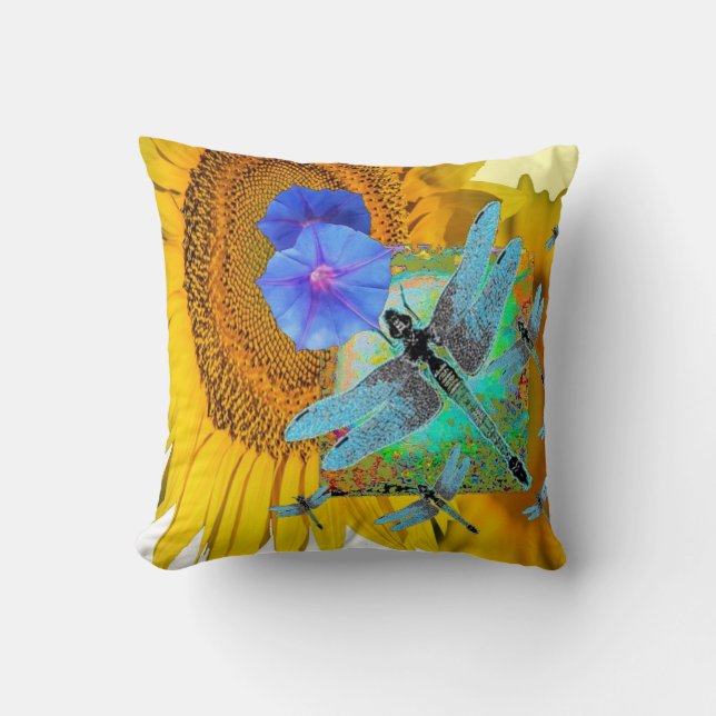 TÜRKIS-LIBELLEN-SONNENBLUME-MUSTER-KUNST KISSEN (Vorderseite)