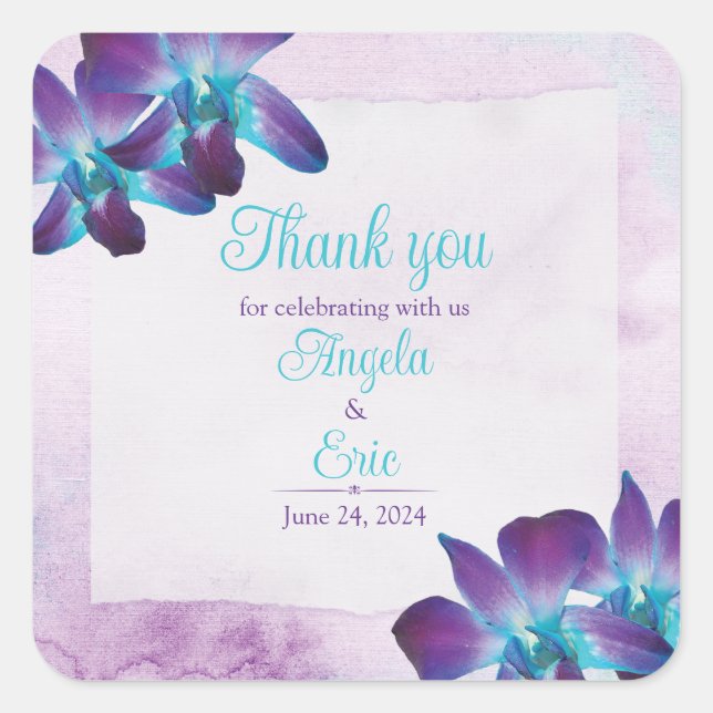 Türkis Lila Blue Dendrobium Orchid Wedding Quadratischer Aufkleber (Vorderseite)