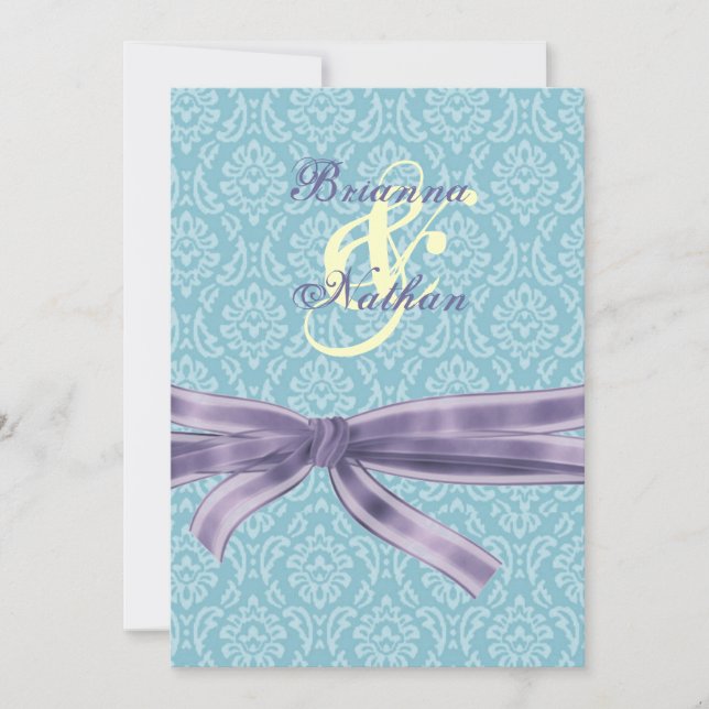 Türkis & Lila Damask & Bow Hochzeit Einladung (Vorderseite)