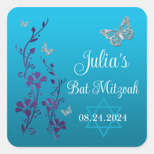 Türkis, Lila Flora, Schmetterlinge Bat Mitzvah Quadratischer Aufkleber