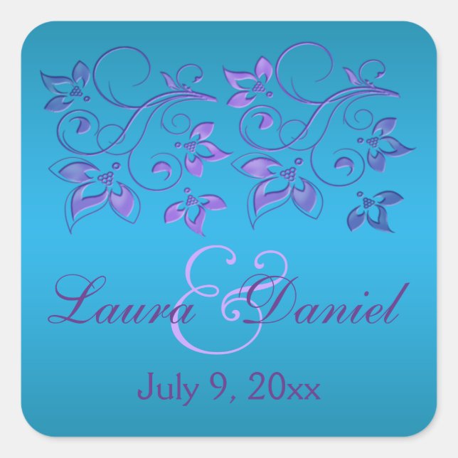 Türkis, Lila floral 1,5"². Hochzeitsticker Quadratischer Aufkleber (Vorderseite)