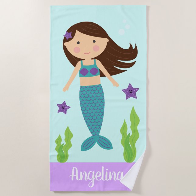 Türkis & Lila Mermaid Beach Handtuch - Braun Haar (Vorderseite)