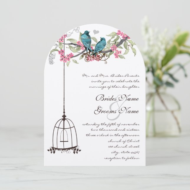 Türkis Love Bird Pink Apricot Peach Birdcage Einladung (Stehend Vorderseite)