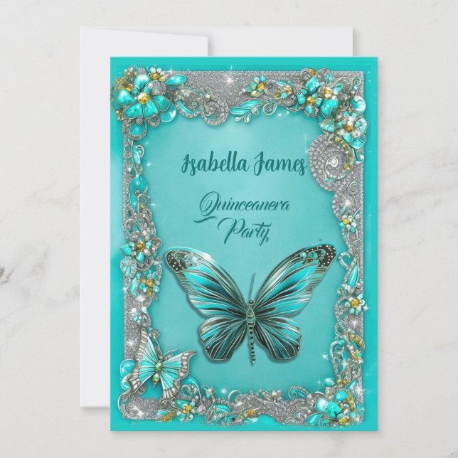 Türkis-Luxus Quinceanera Party Butterfly Chic Einladung (Vorderseite)