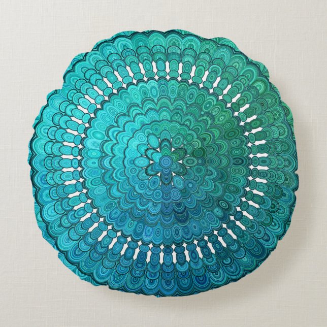 Türkis-Mandala Rundes Kissen (Vorderseite)