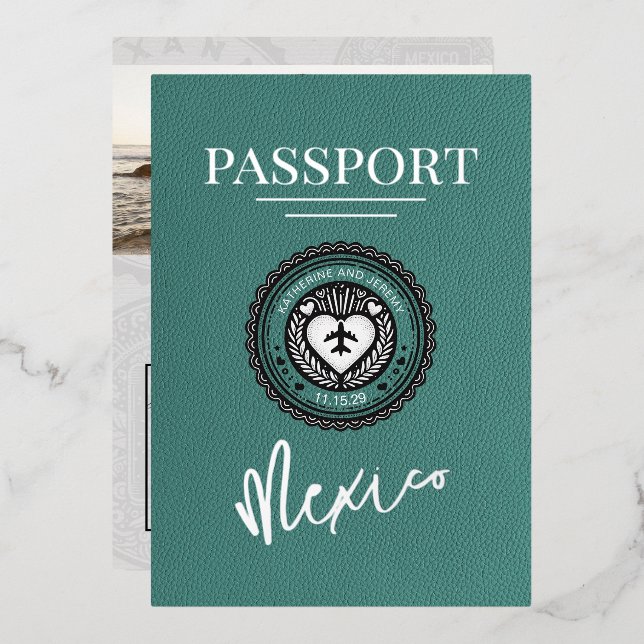 Türkis-Mexiko-Pass Hochzeit Folieneinladung (Vorderseite/Rückseite)