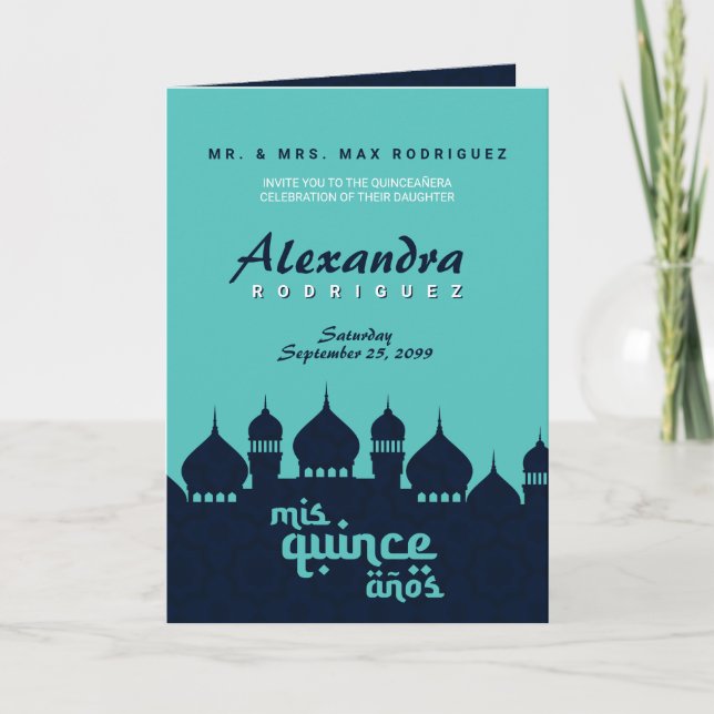 Türkis Midnight Blue Arabian Nights Quinceñera Einladung (Vorderseite)
