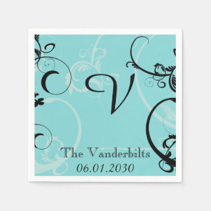 Türkis mit Schwarz-Blüh-Monogramm-Hochzeit Serviette