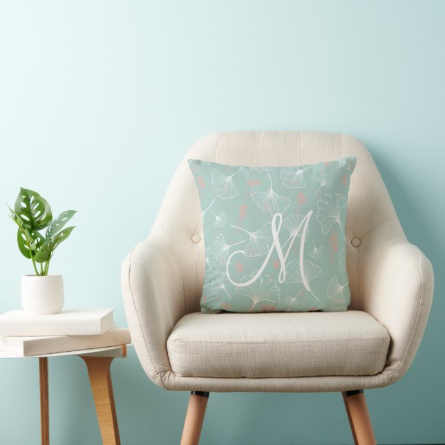 Türkis Modern Ginkgo Monogram Kissen Kissen (Stuhl )