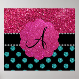 Türkis-Monogramm-Polka-Punkte und rosa Polka Poster