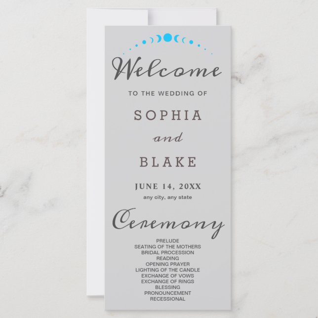 Türkis Moon Phases Light Gray Wedding Program (Vorderseite)