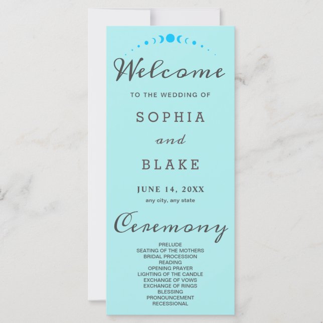 Türkis Moon Phases Pale Blue Wedding Program (Vorderseite)