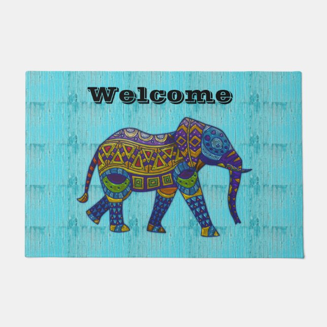 Türkis-Mosaik Elephant Door Mat Fußmatte (Vorderseite)