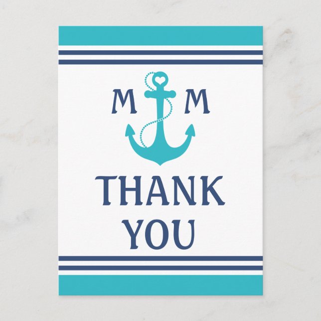 Türkis Nautical Heart Anchor Vielen Dank Postkarte (Vorderseite)