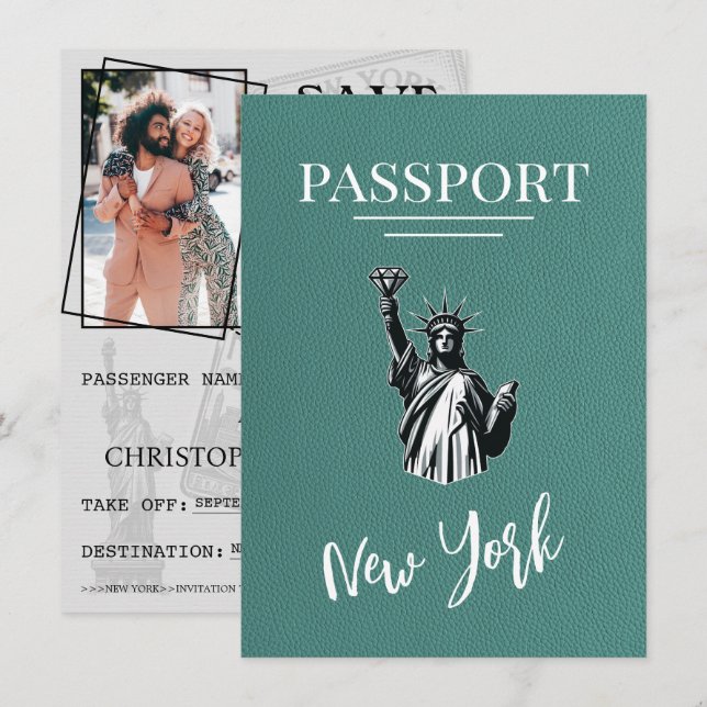 Türkis New York City Passport Save the Date (Vorne/Hinten)