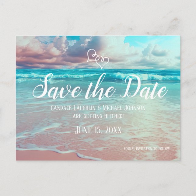 Türkis Ocean Beach Heart Wedding Save the Date Postkarte (Vorderseite)