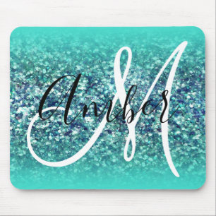 Türkis Ombre Aquamarin Blue Glam Glitzer Monogram Mousepad