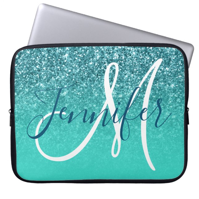 Türkis Ombre Aquamariner Glitzer Personalisiert Mo Laptopschutzhülle (Vorderseite)