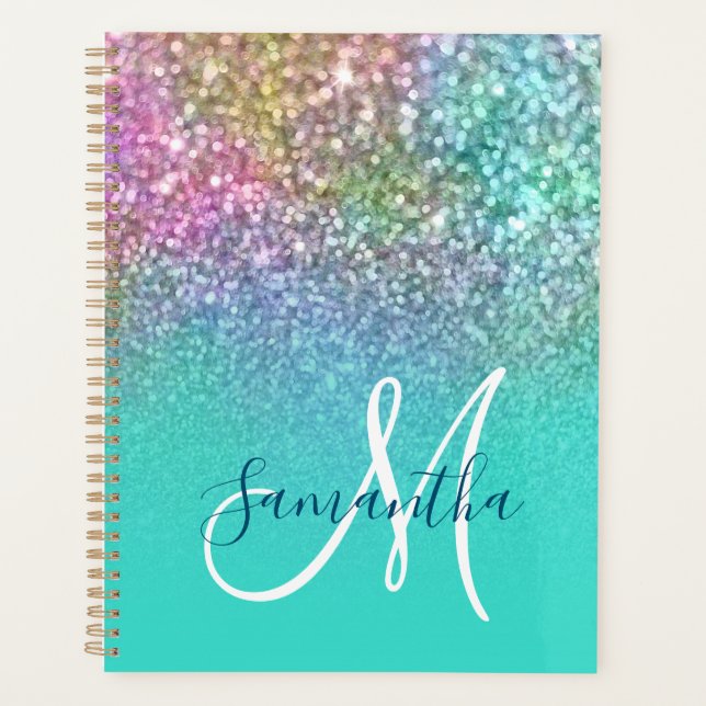 Türkis Ombre farbenfroher Mermaid Glitzer Monogram Planer (Vorderseite)